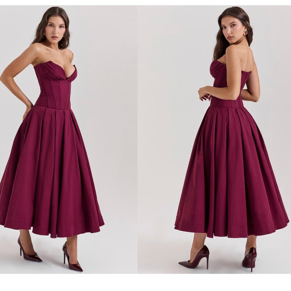 HOUSE OF CB 'Lady'‎ Wine Strapless Midi Dress NWOT SIZE L D-DD - Picture 3 of 14